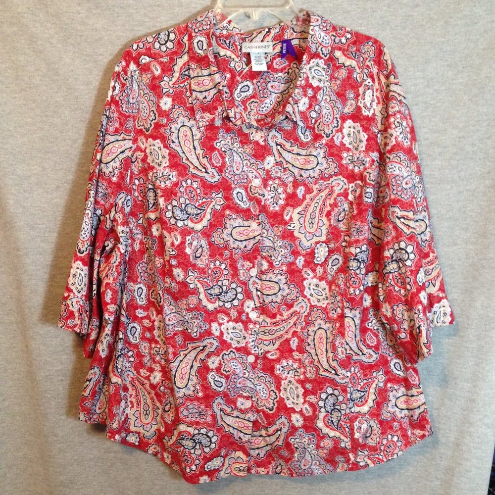 Red paisley button up blouse by Catherines size 3X petite